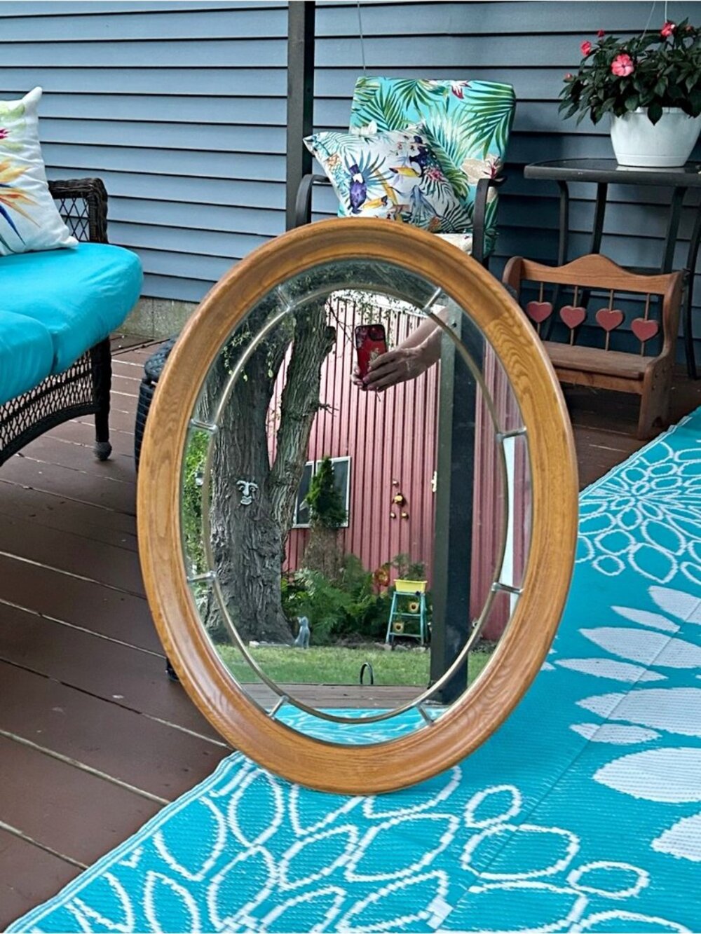 Vintage Oval 28x21" Faux Oak Beveled Hanging Wall Mirror